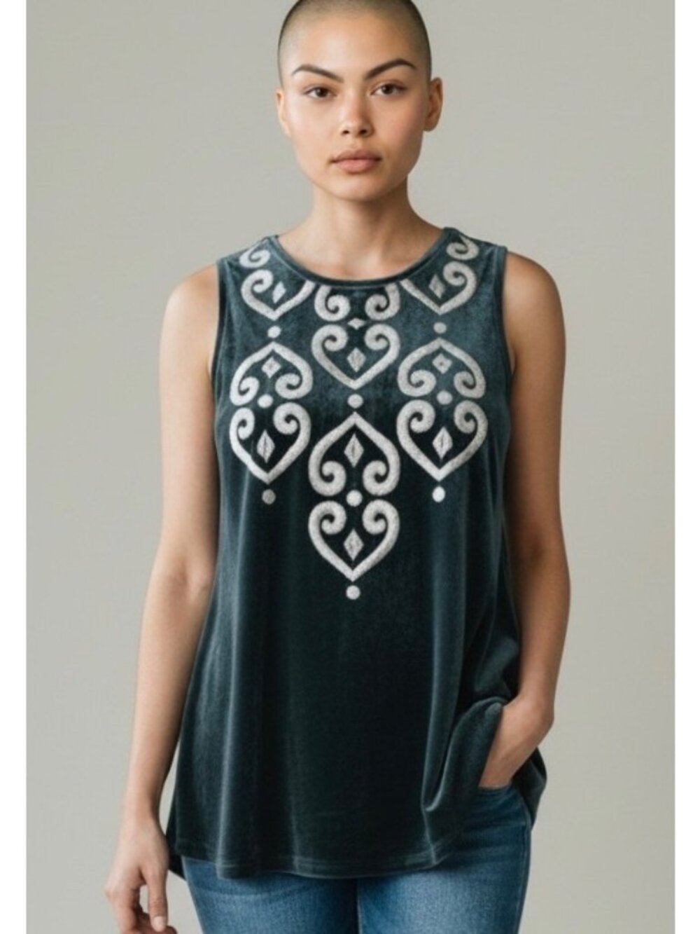 THML Navy Blue Velour Embroidered Sleeveless Women's Flowy Tank Top Size Small